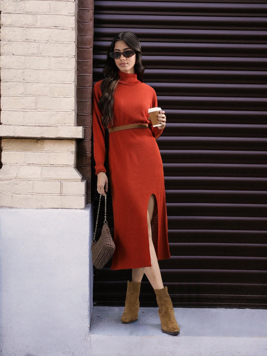 

The Roadster Lifestyle Co. Rust Red Solid Slit Midi Jumper Dress