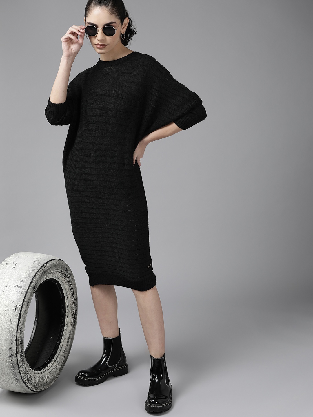 

Roadster Black Striped Midi Sweater Dress