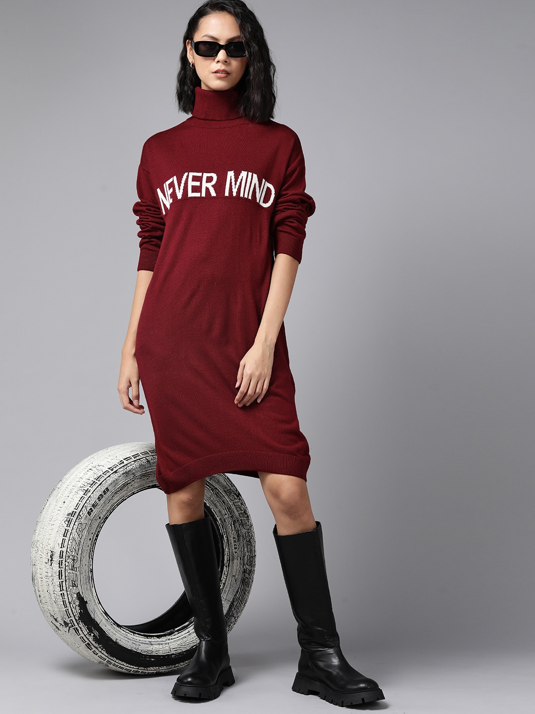 

The Roadster Lifestyle Co. Maroon Acrylic Self-Design High Neck Jumper Dress