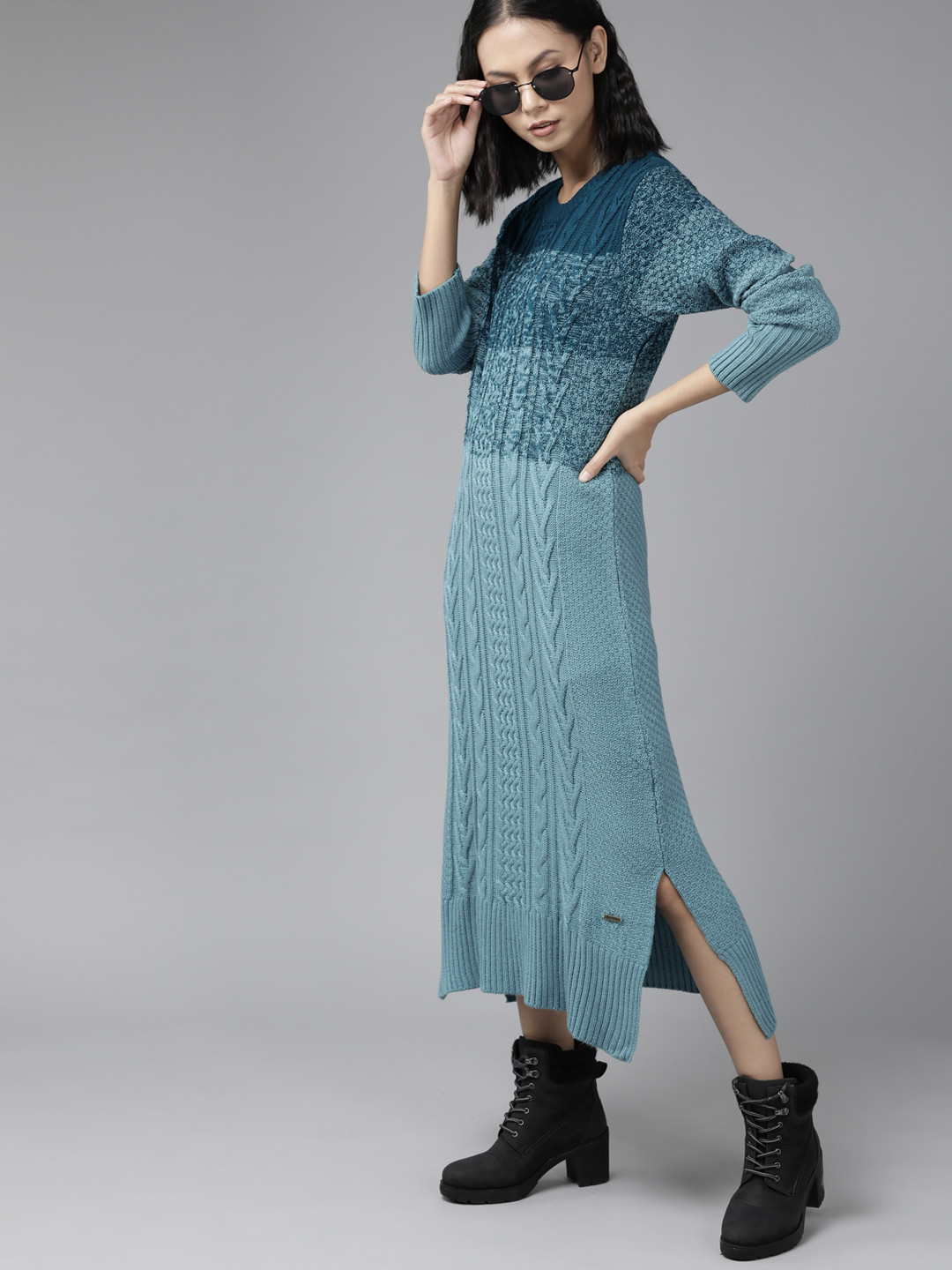 

The Roadster Lifestyle Co. Teal Blue Acrylic Abstract Knitted Maxi Jumper Dress