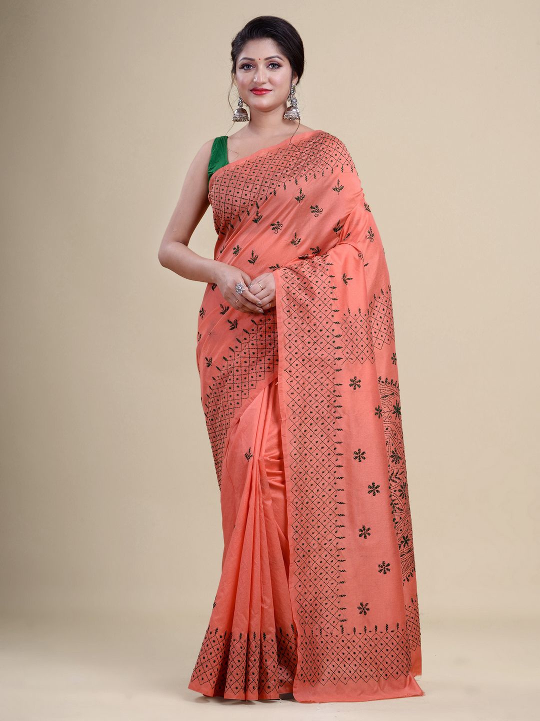 

Laa Calcutta Peach-Coloured & Green Woven Design Silk Cotton Jamdani Saree