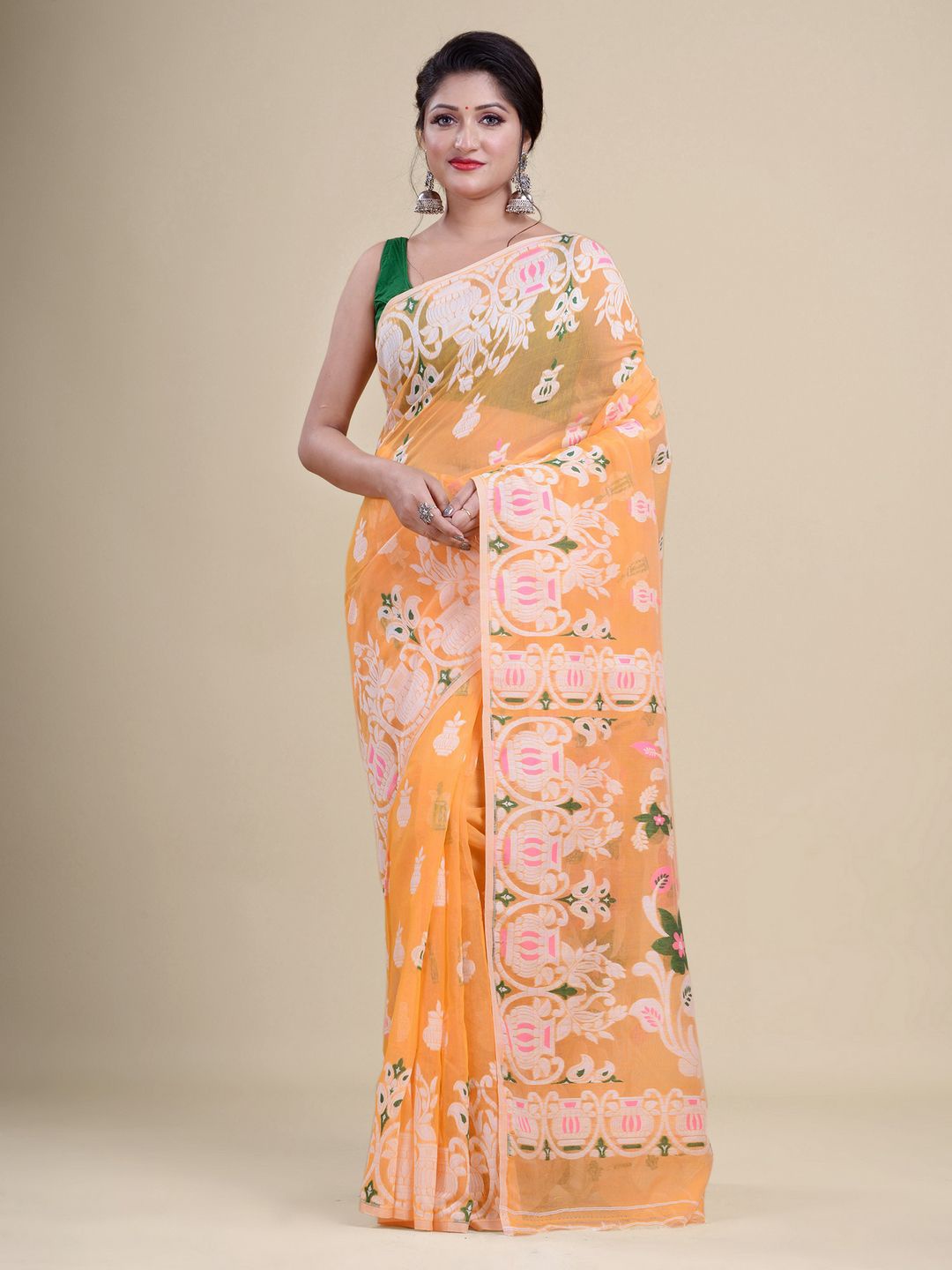 

Laa Calcutta Orange & Pink Woven Design Silk Cotton Jamdani Saree