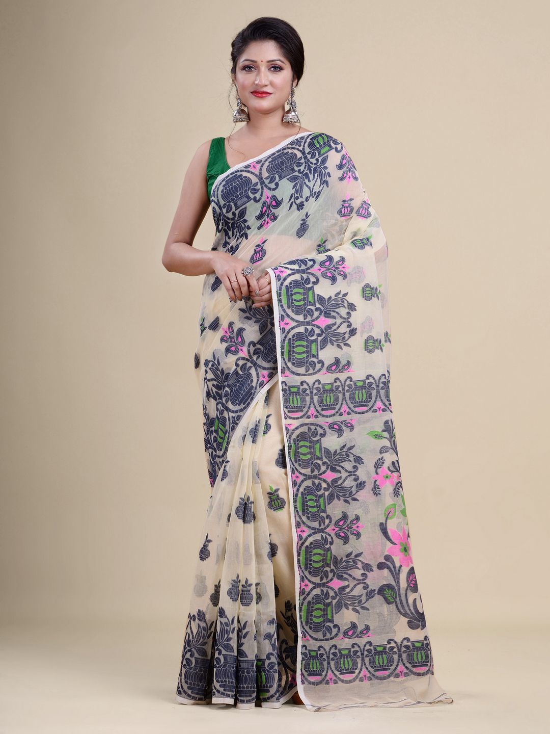 

Laa Calcutta Yellow & Purple Woven Design Silk Cotton Jamdani Saree