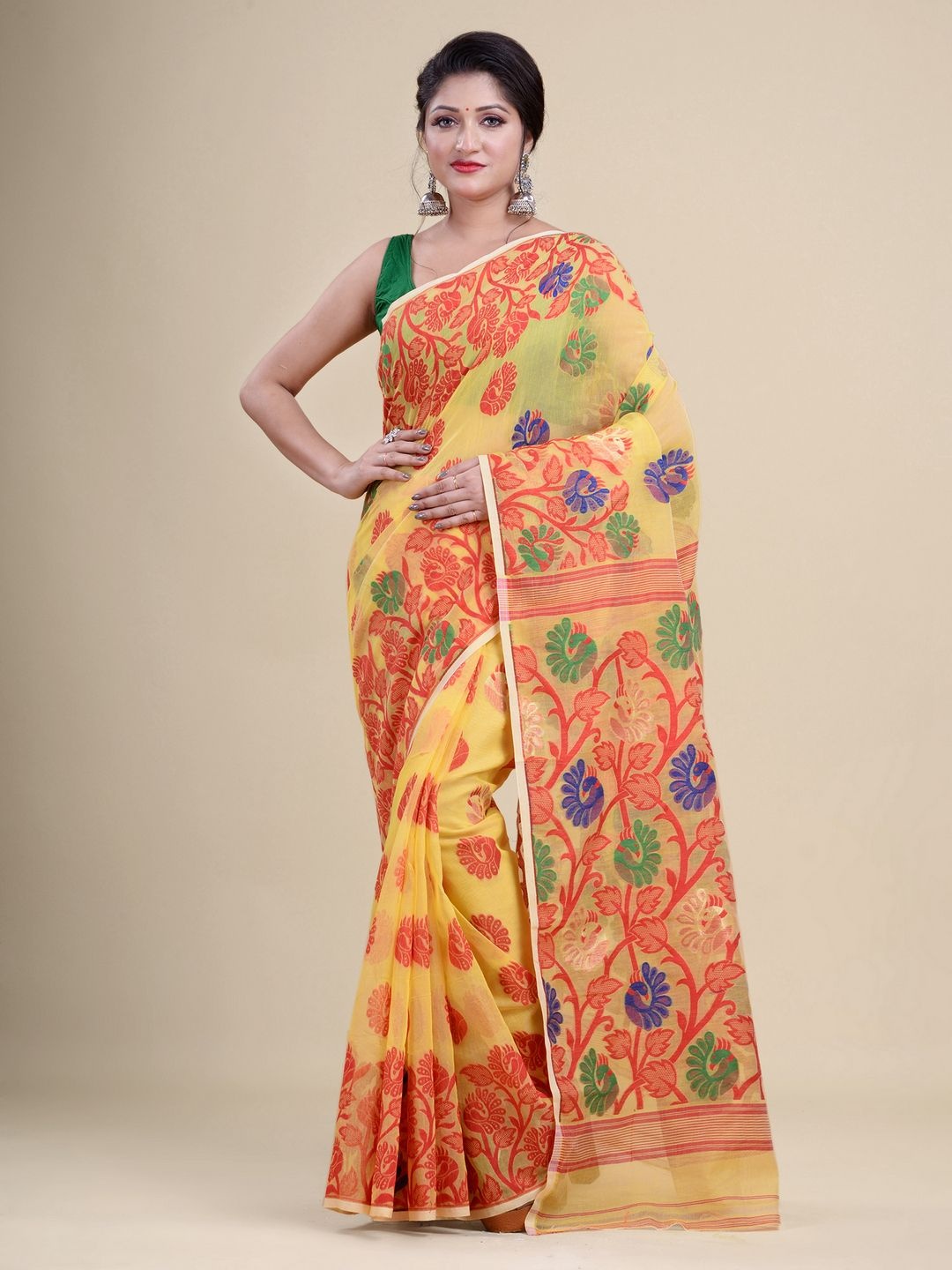 

Laa Calcutta Yellow & Peach-Coloured Ethnic Motifs Silk Cotton Jamdani Saree