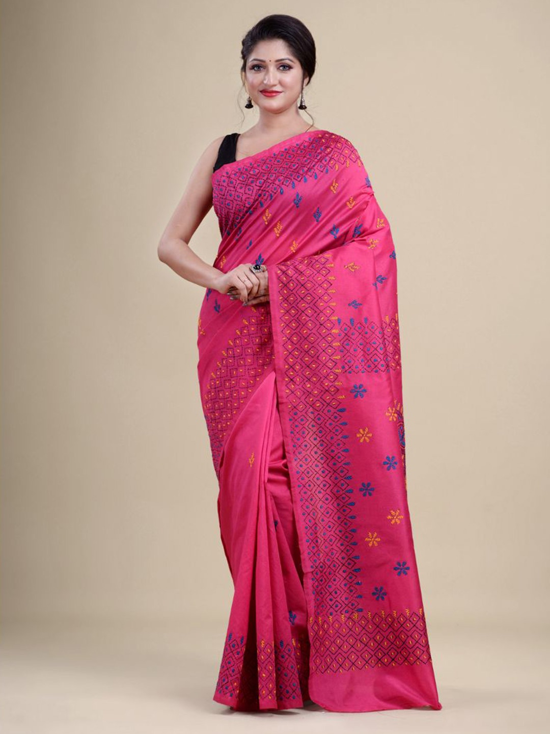 

Laa Calcutta Pink & Blue Embroidered HandLoom Silk Cotton Saree