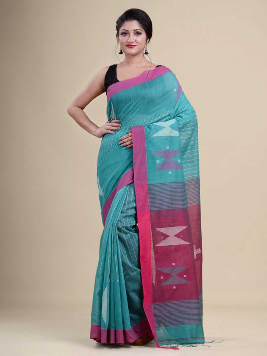 

Laa Calcutta Green & Pink Woven Design Zari Silk Cotton Jamdani Saree