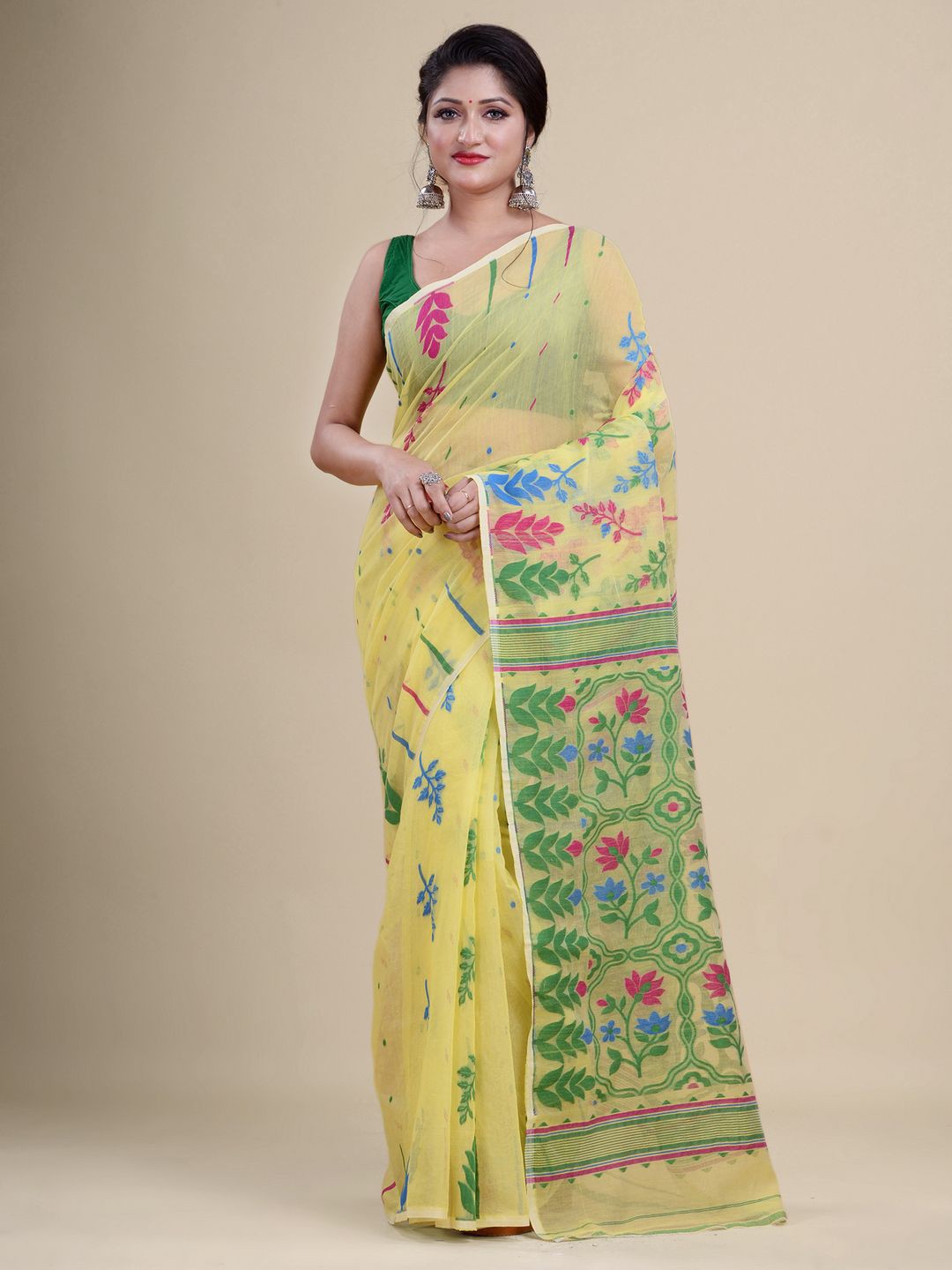 

Laa Calcutta Yellow & Green Ethnic Motifs Silk Cotton Jamdani Saree