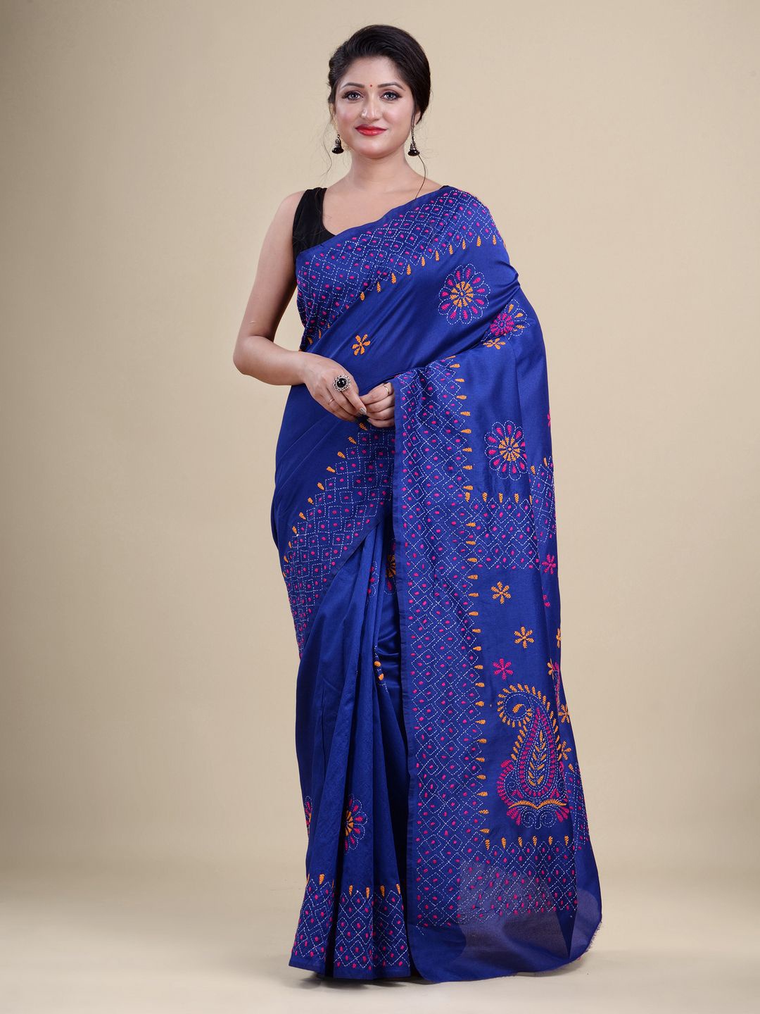 

Laa Calcutta Blue & Pink Embroidered Zari Silk Cotton Jamdani Saree