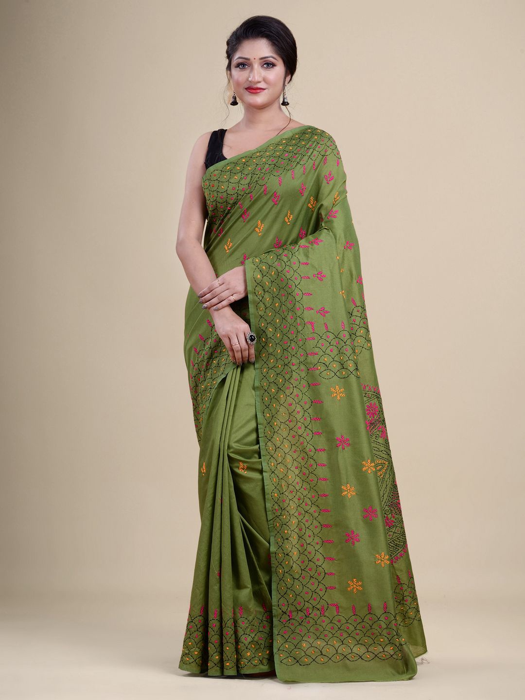 

Laa Calcutta Green & Yellow Woven Design Silk Cotton Jamdani Saree