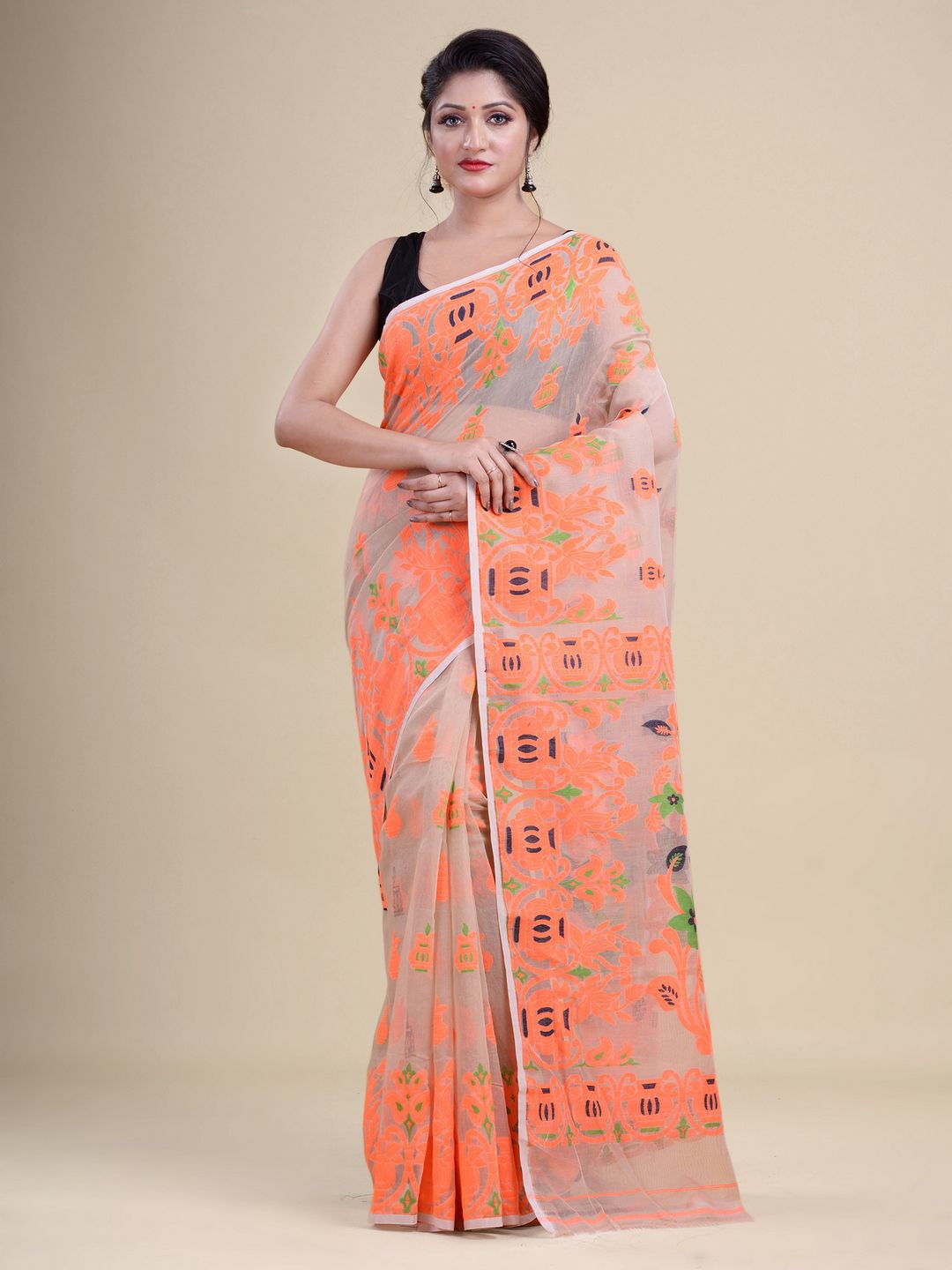 

Laa Calcutta Off White & Orange Woven Design Zari Silk Cotton Jamdani Saree