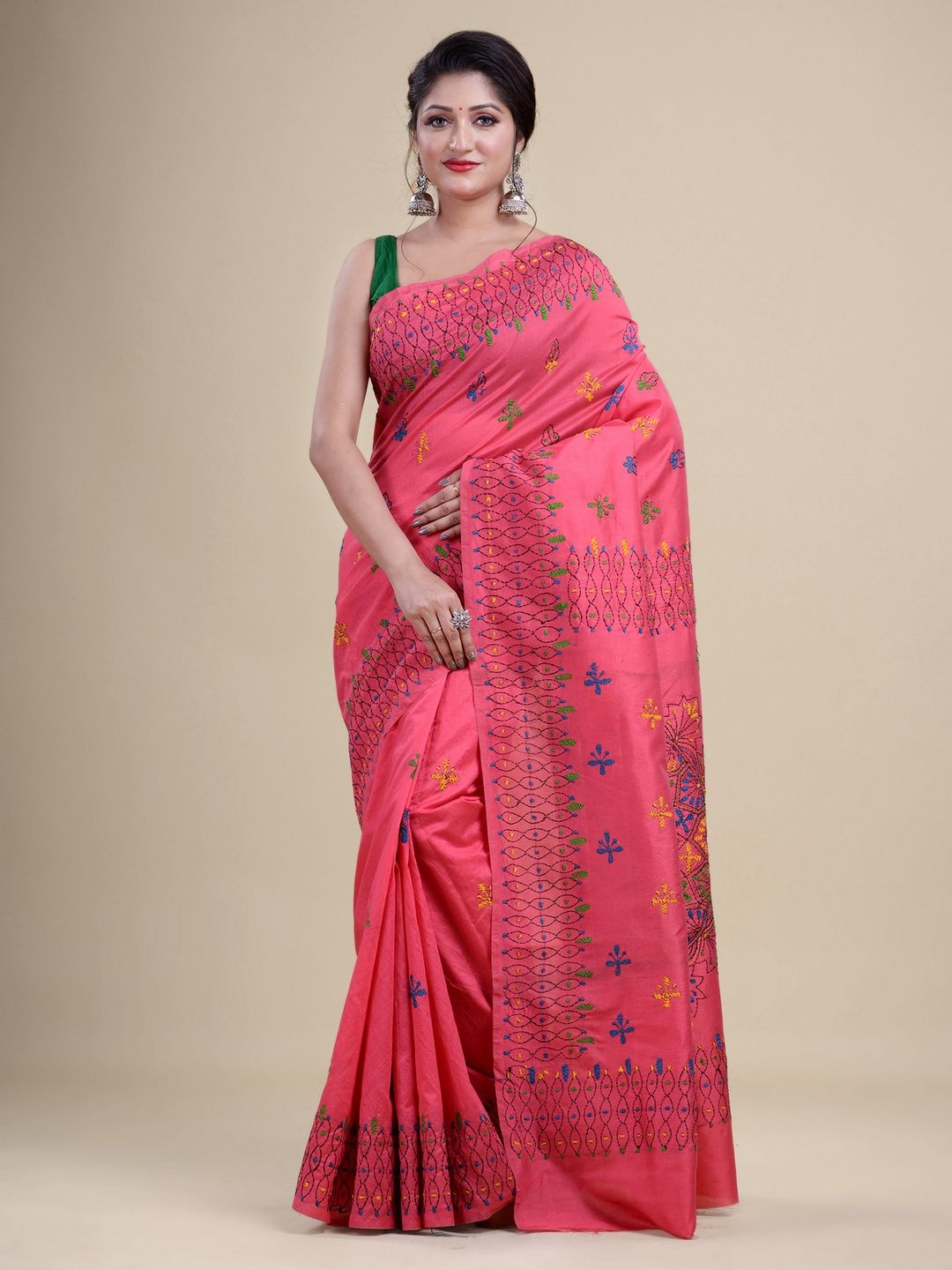 

Laa Calcutta Pink & Blue Woven Design Silk Cotton Jamdani Saree