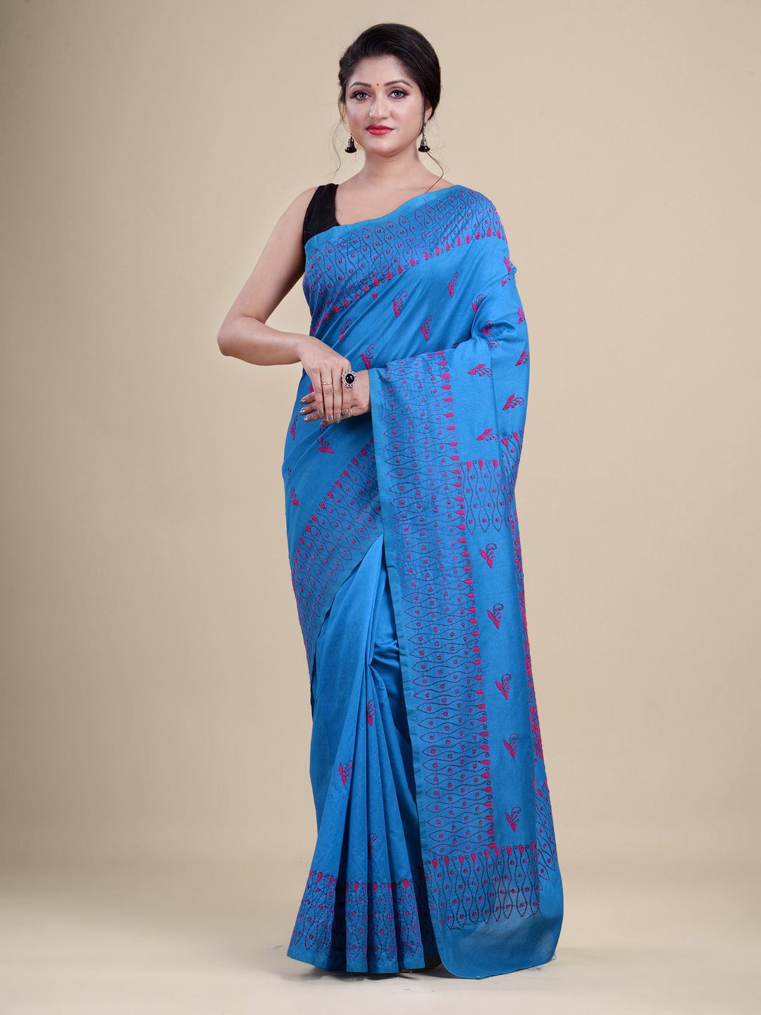 

Laa Calcutta Blue & Pink Woven Design Silk Cotton Jamdani Saree