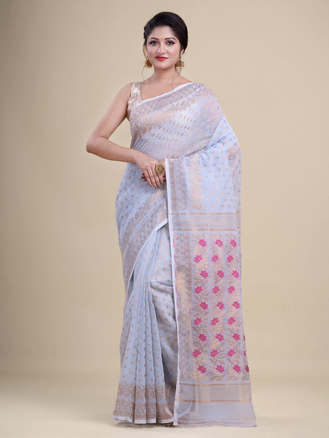 

Laa Calcutta Blue & Pink Floral Zari Silk Cotton Jamdani Saree