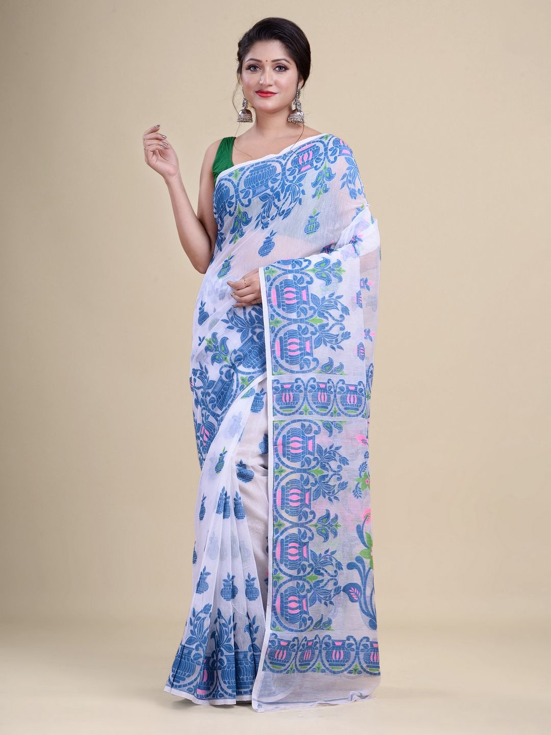 

Laa Calcutta White & Blue Woven Design Silk Cotton Jamdani Saree