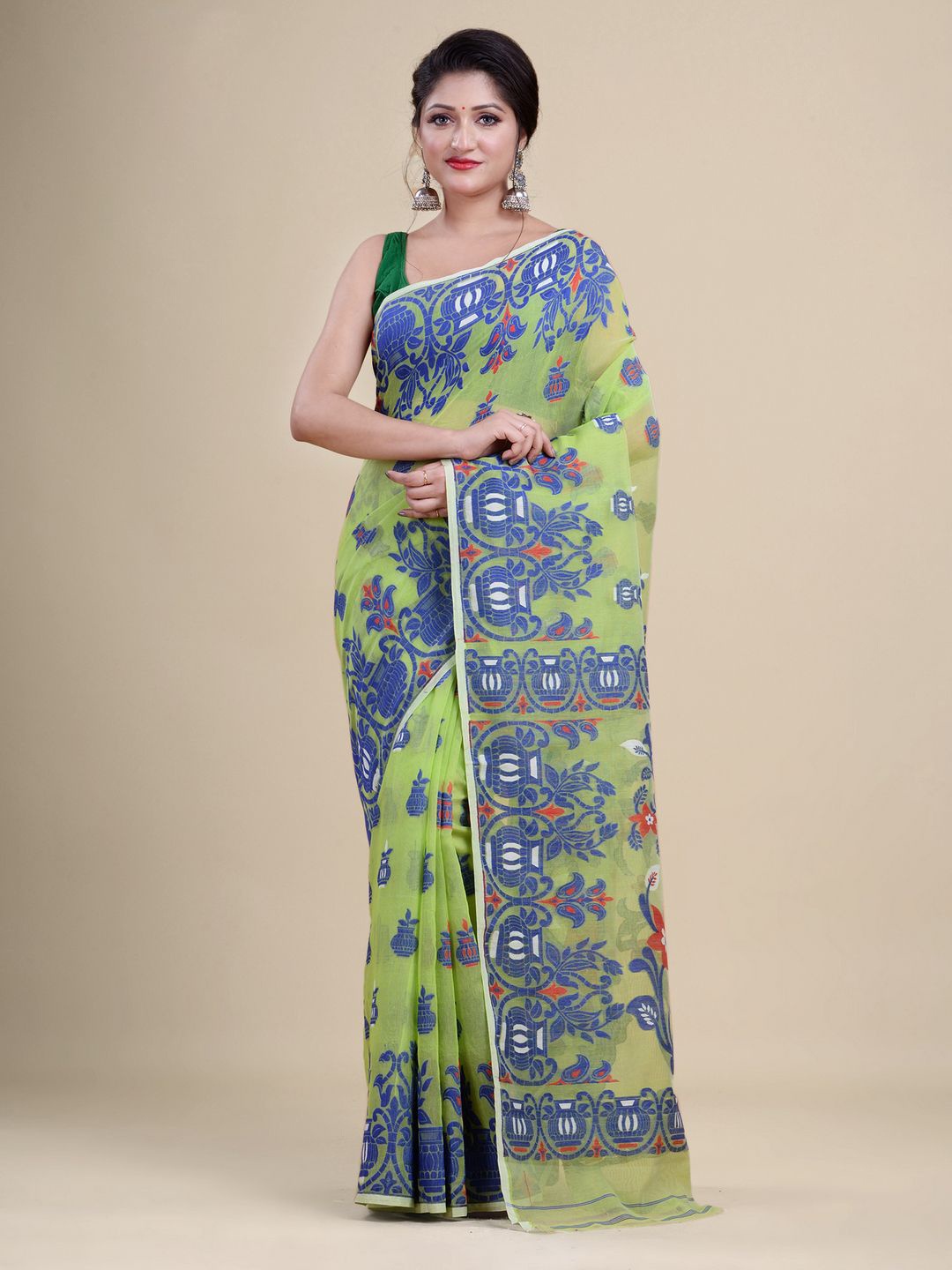 

Laa Calcutta Green & Blue Woven Design Zari Silk Cotton Jamdani Saree