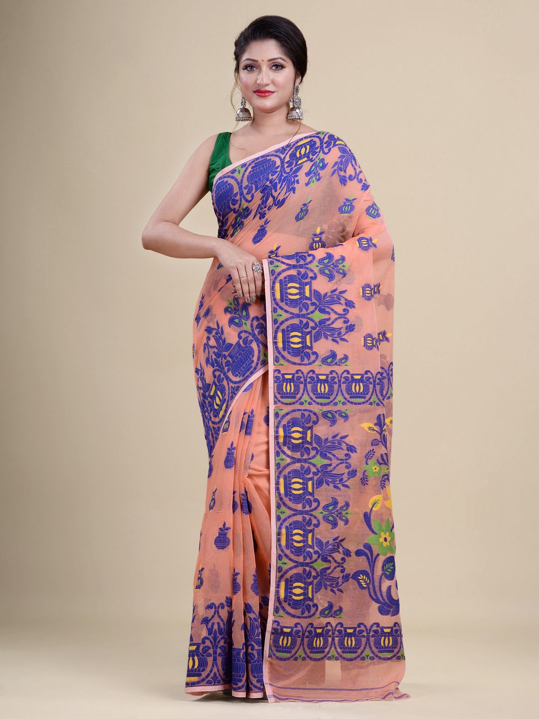 

Laa Calcutta Peach-Coloured & Blue Woven Design Silk Cotton Jamdani Saree