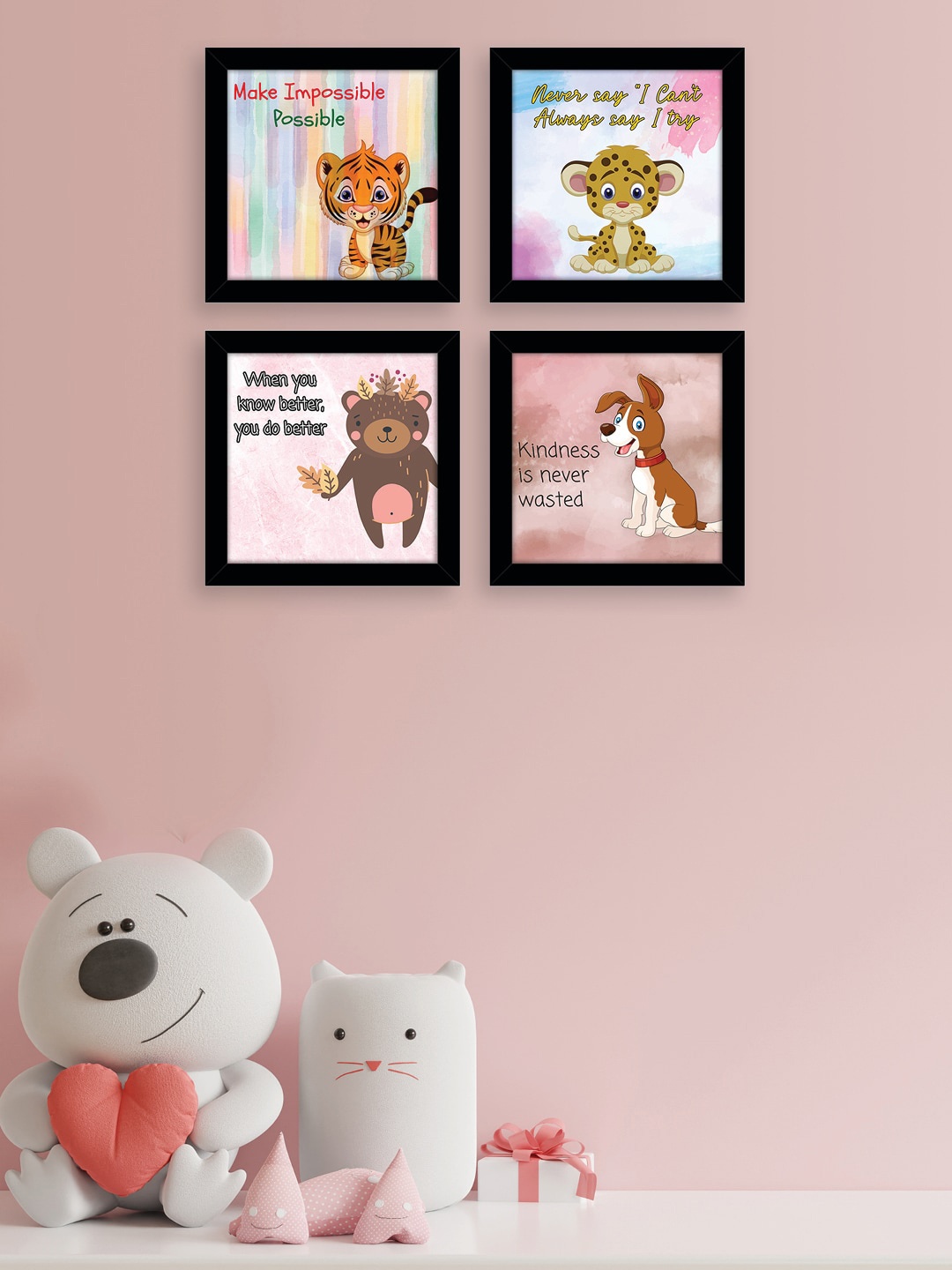 

nest ART Black & Pink Cartoon Animals Printed Wall Art With Frame