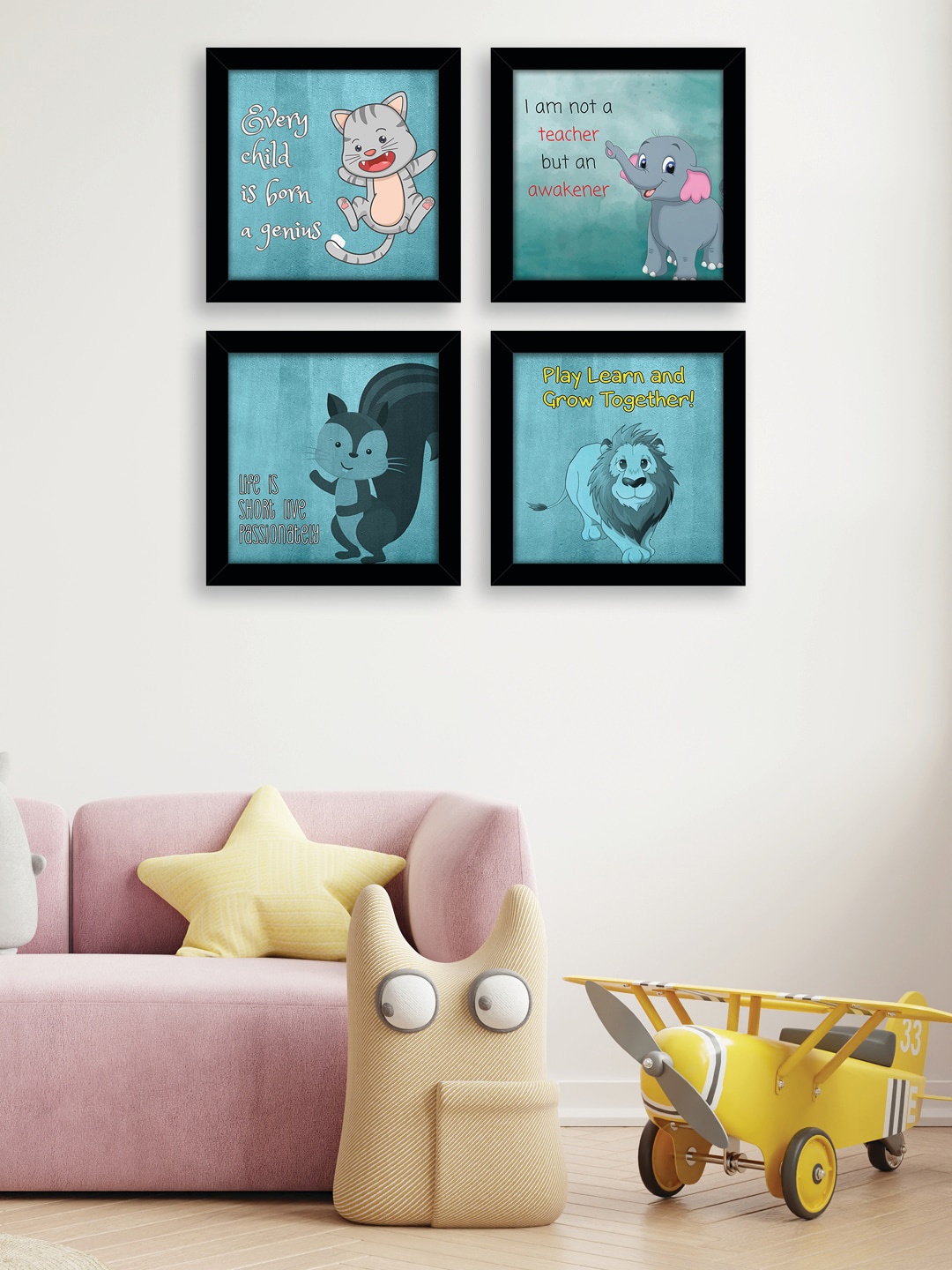 

nest ART Set Of 4 Kids Cartoon animal Framed Wall Art, Black
