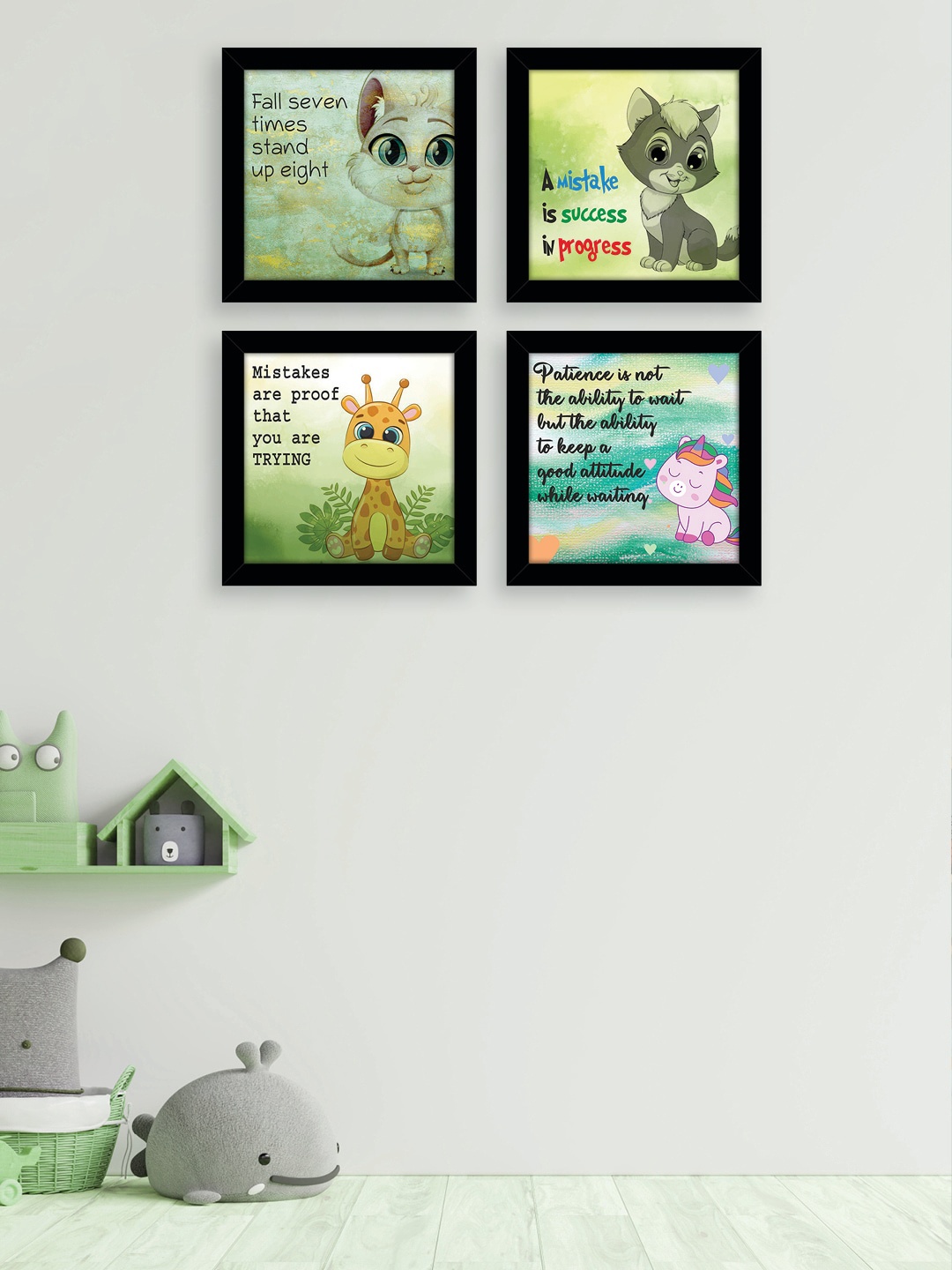 

nest ART Set Of 4 Kids Cartoon animal Framed Wall Art, Black
