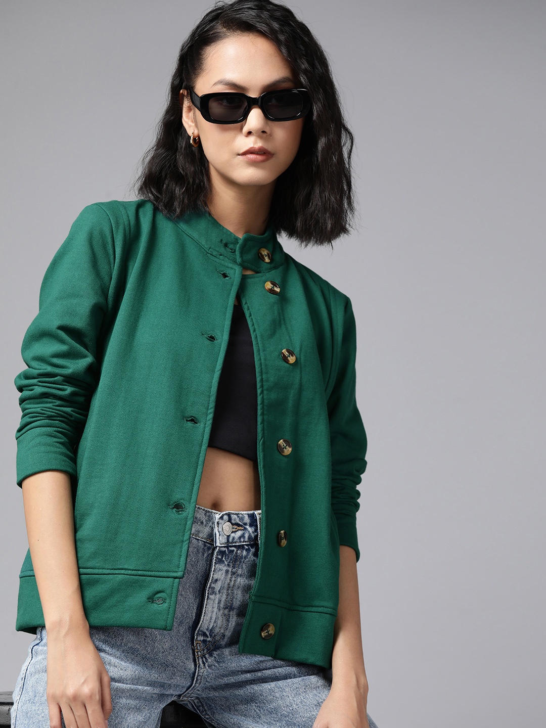 

Roadster Women Green Solid Tailored Jacket