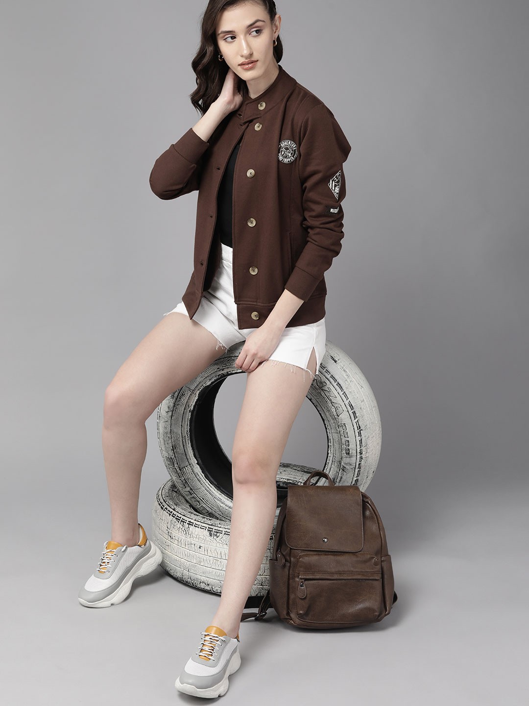 

The Roadster Lifestyle Co. Women Coffee Brown Band Collar Tailored Jacket
