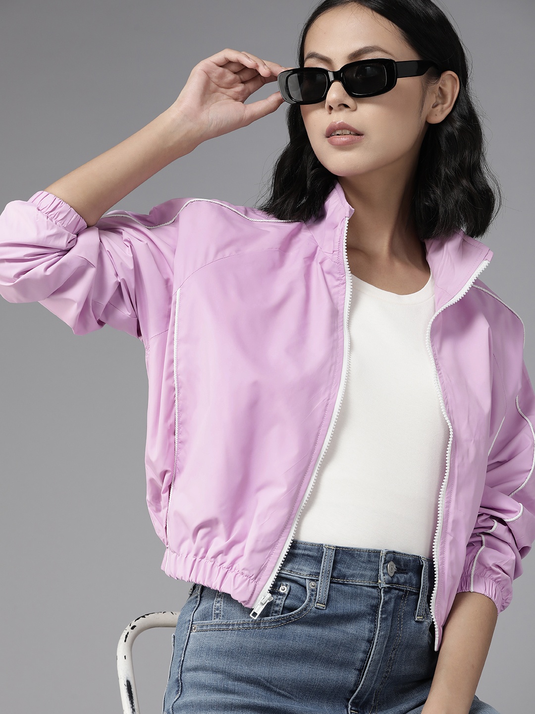 

Roadster Women Lavender Solid Bomber Jacket