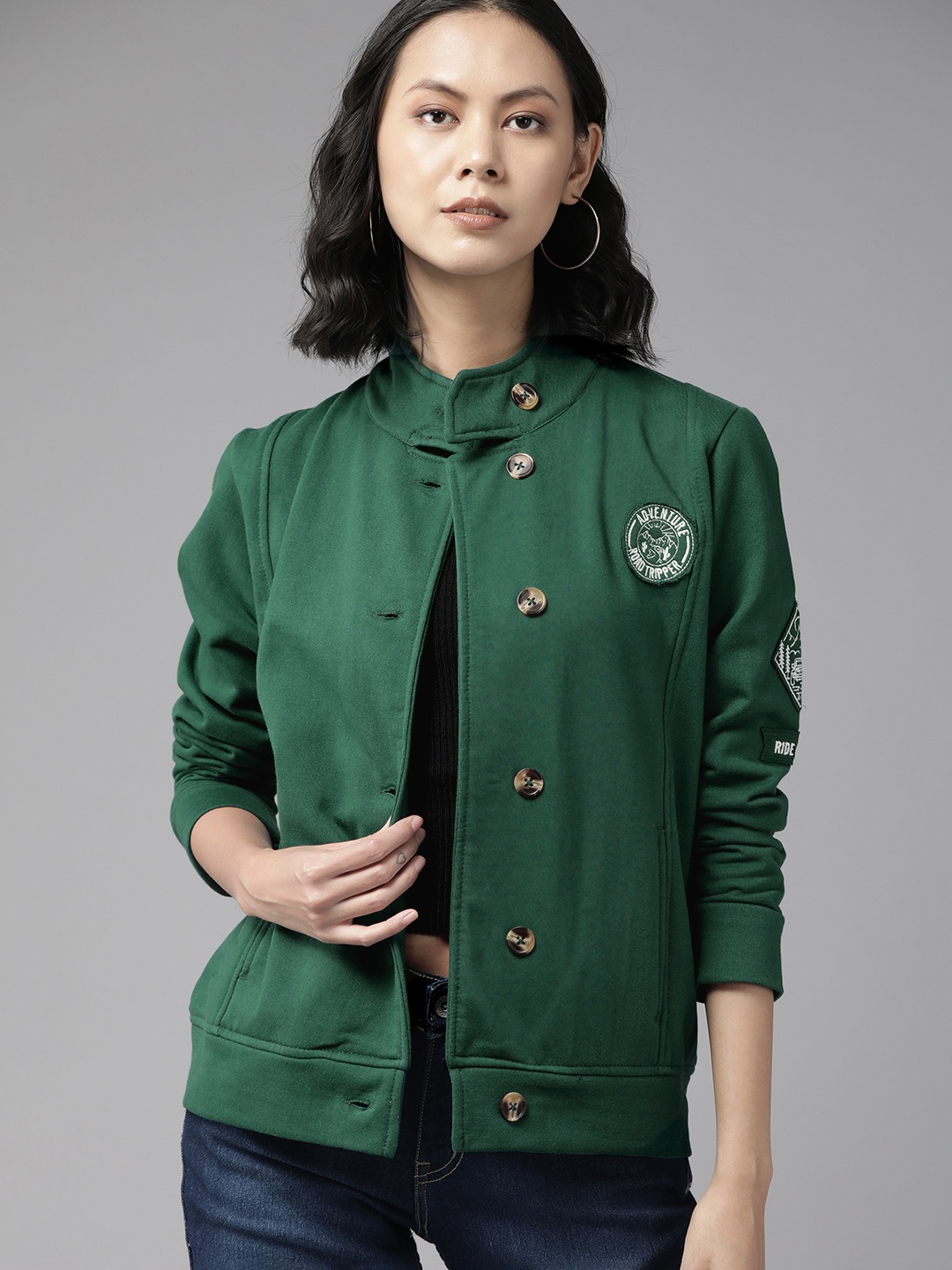 

The Roadster Lifestyle Co. Women Green Band Collar Tailored Jacket