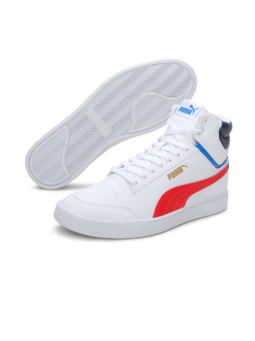 

Puma Unisex White & Red Colourblocked Shuffle Mid Sneakers