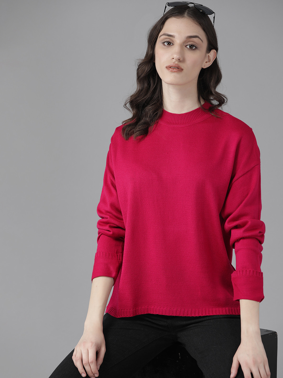 

The Roadster Lifestyle Co. Women Fuchsia Solid Acrylic Drop-Shoulder Sleeves Pullover