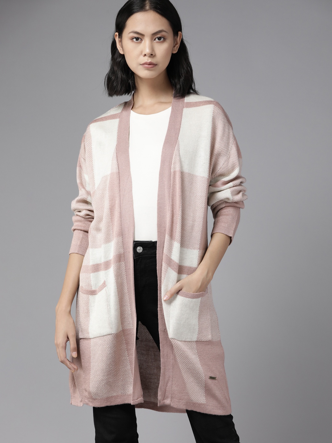 

The Roadster Lifestyle Co. Women White & Pink Checked Longline Front-Open Sweater