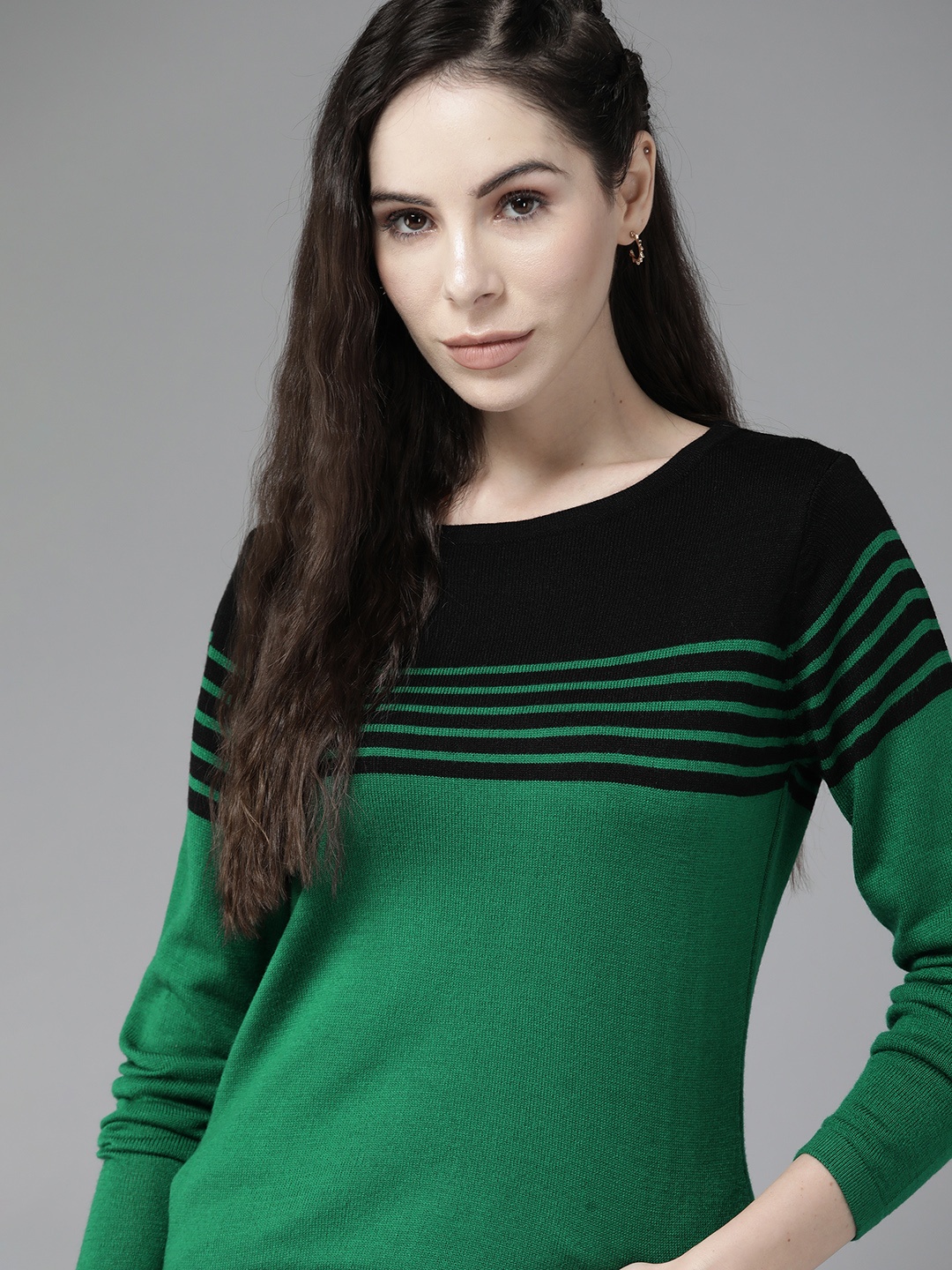 

Roadster Women Green & Black Striped Pullover