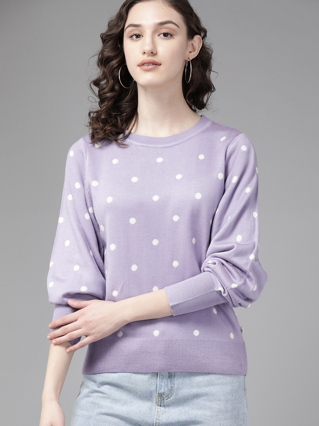 

The Roadster Lifestyle Co. Women Lavender & White Geometric Pattern Acrylic Pullover