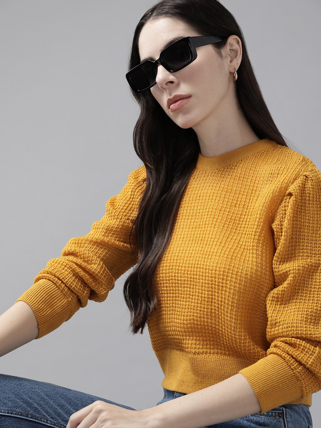

The Roadster Lifestyle Co. Women Mustard Yellow Self Design Cable Knit Acrylic Pullover
