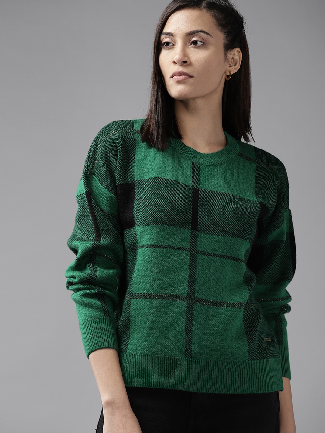 

Roadster Women Green & Black Checked Pullover