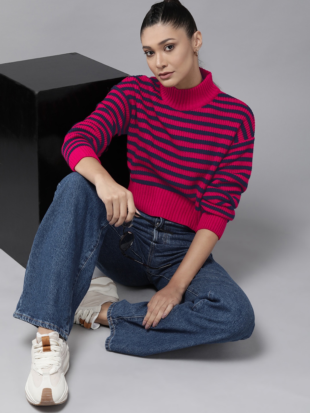 

Roadster Women Magenta & Navy Blue Striped Pullover