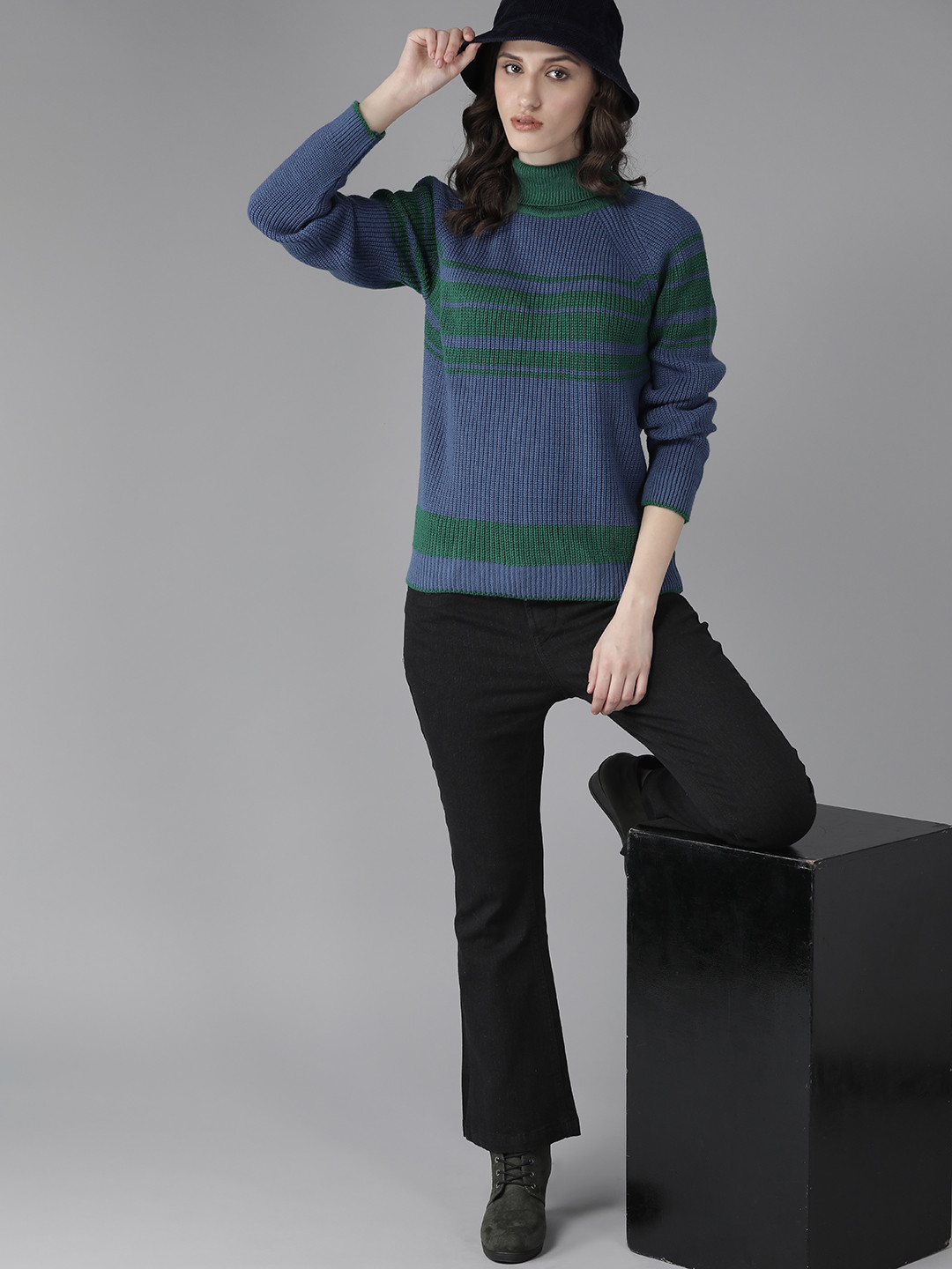 

Roadster Women Blue & Green Acrylic Striped Pullover