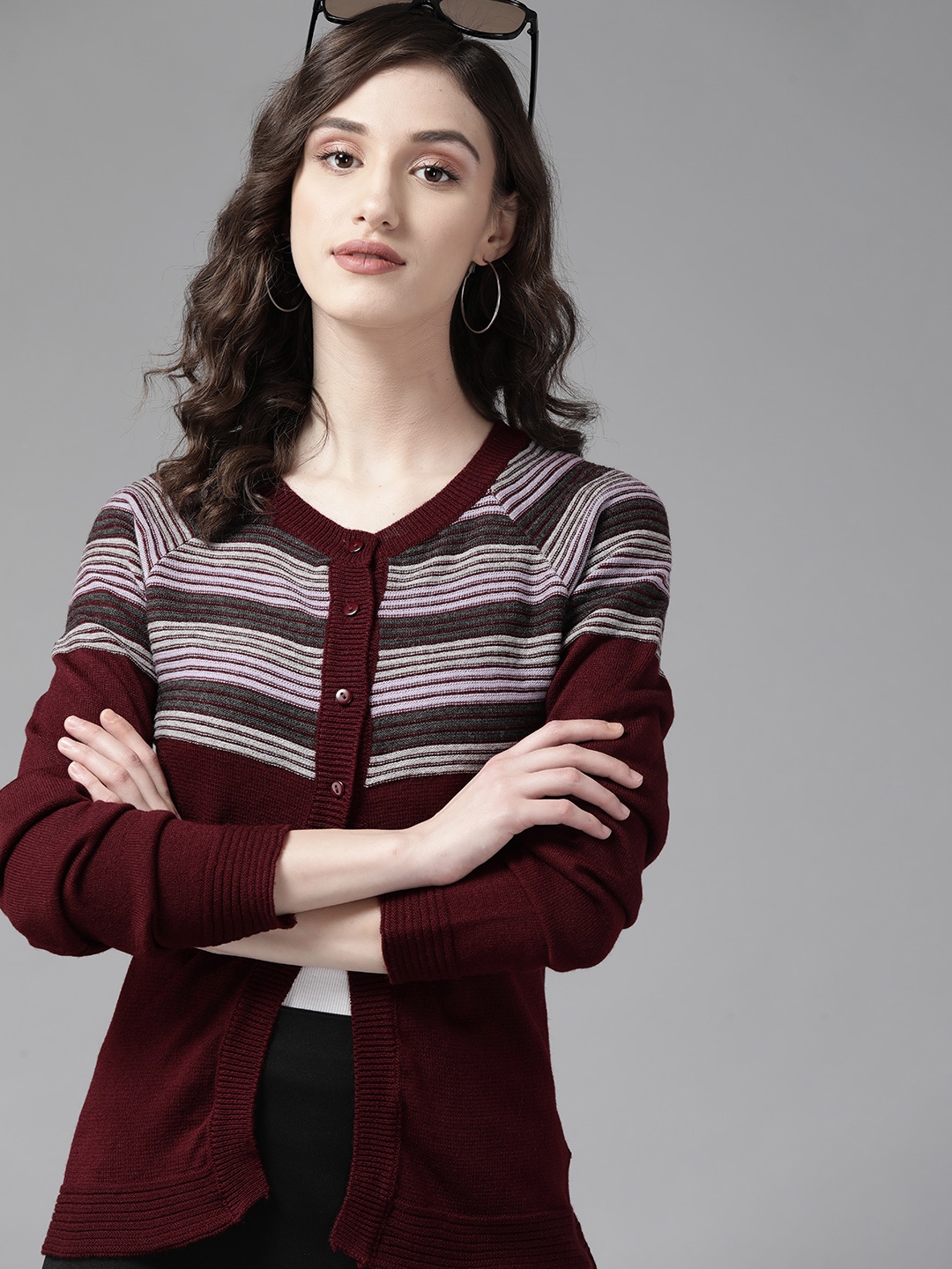 

The Roadster Lifestyle Co. Women Burgundy & Grey Striped Acrylic Raglan Sleeves Cardigan