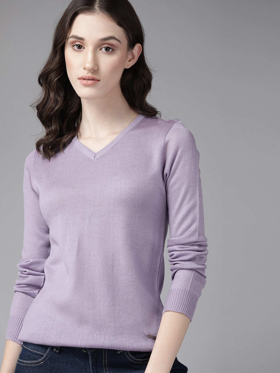 

The Roadster Lifestyle Co. Women Lavender Solid Acrylic V-Neck Pullover