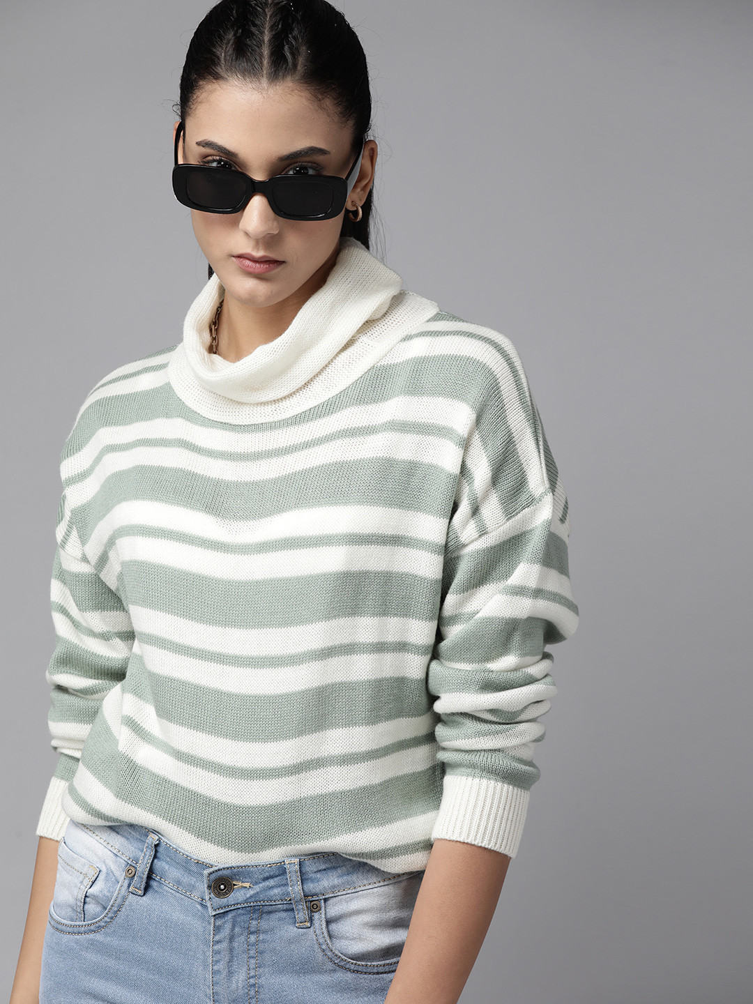

Roadster Women Off White & Green Striped Turtle Neck Pullover