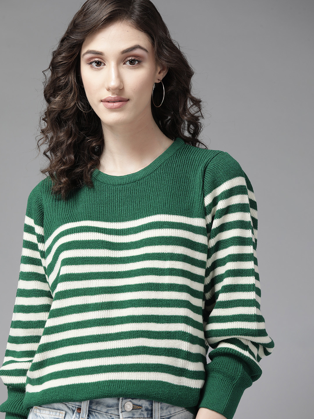 

The Roadster Lifestyle Co. Women Green & White Striped Acrylic Pullover