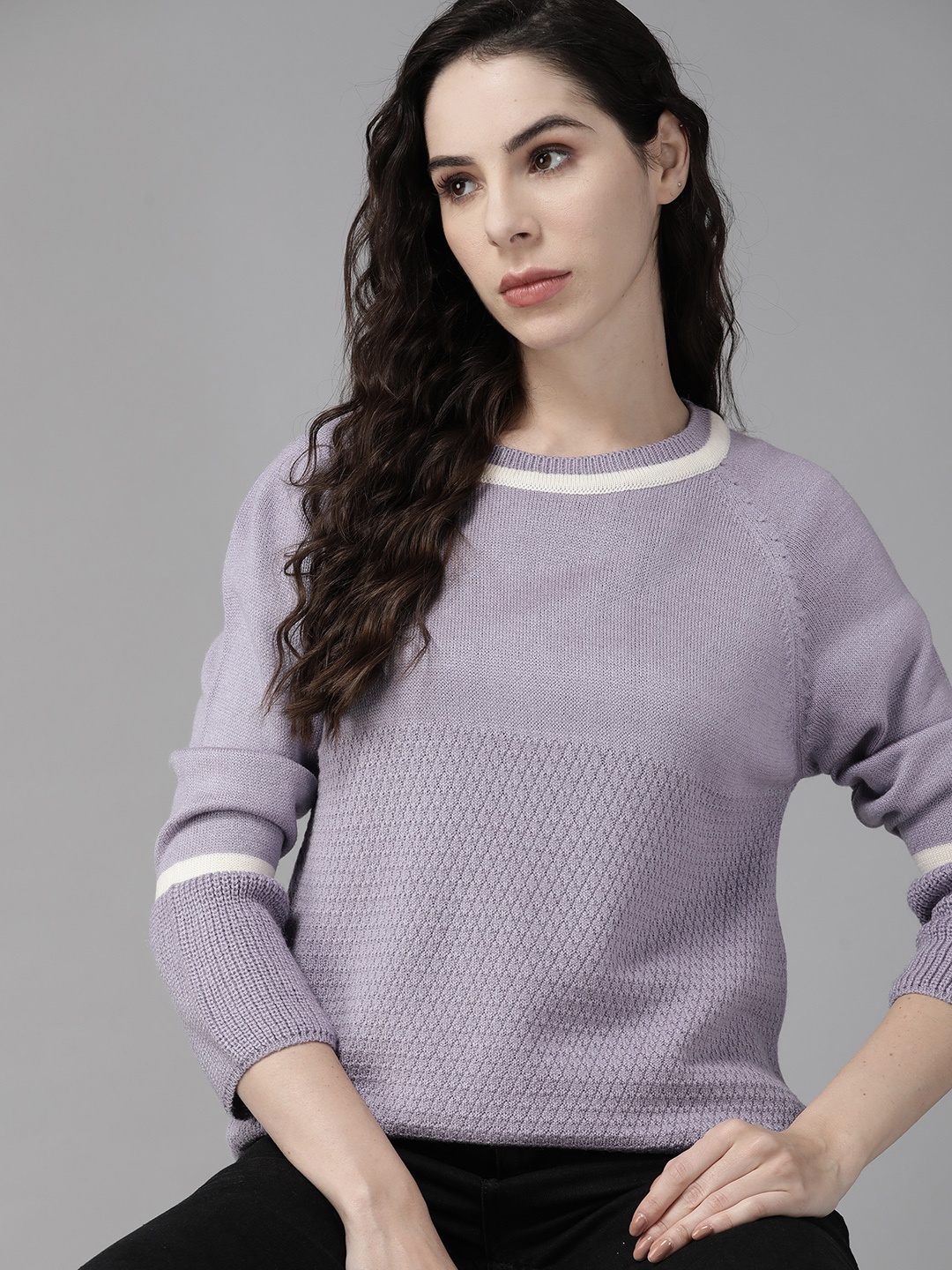 

The Roadster Lifestyle Co. Women Lavender Acrylic Checked Pullover