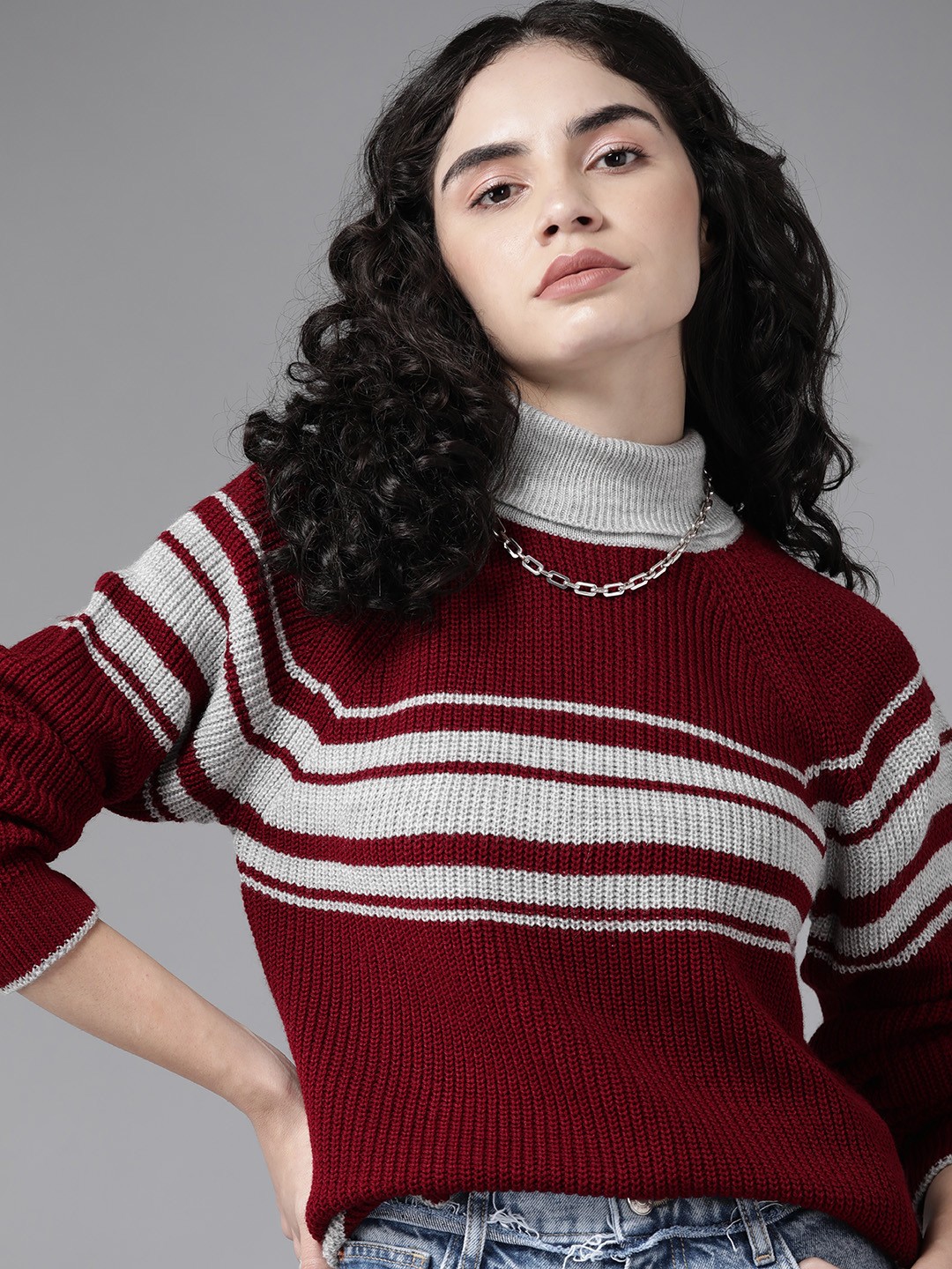 

Roadster Women Maroon & Grey Cable Knit Pullover