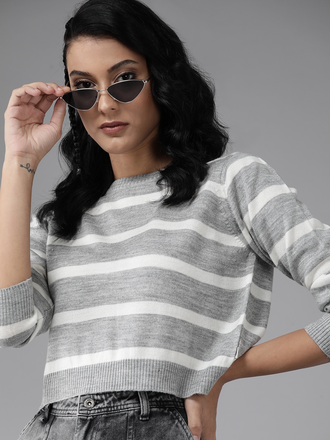 

Roadster Women Grey & White Striped Crop Sweater