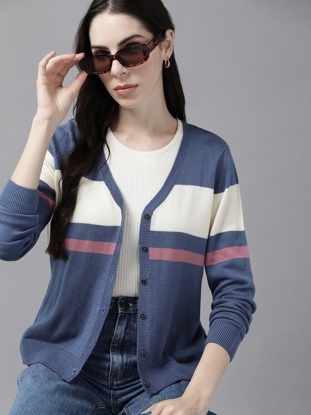 

The Roadster Lifestyle Co. Women Navy Blue & Off White Self Striped Acrylic Cardigan
