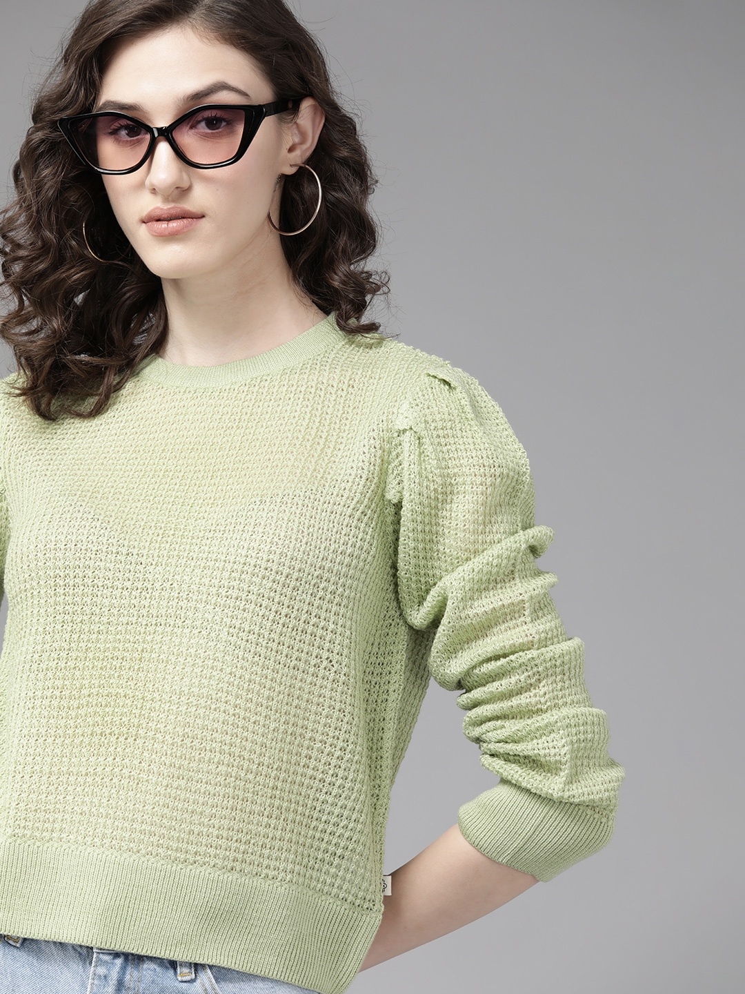 

The Roadster Lifestyle Co. Women Green Solid Acrylic Puff Sleeves Pullover