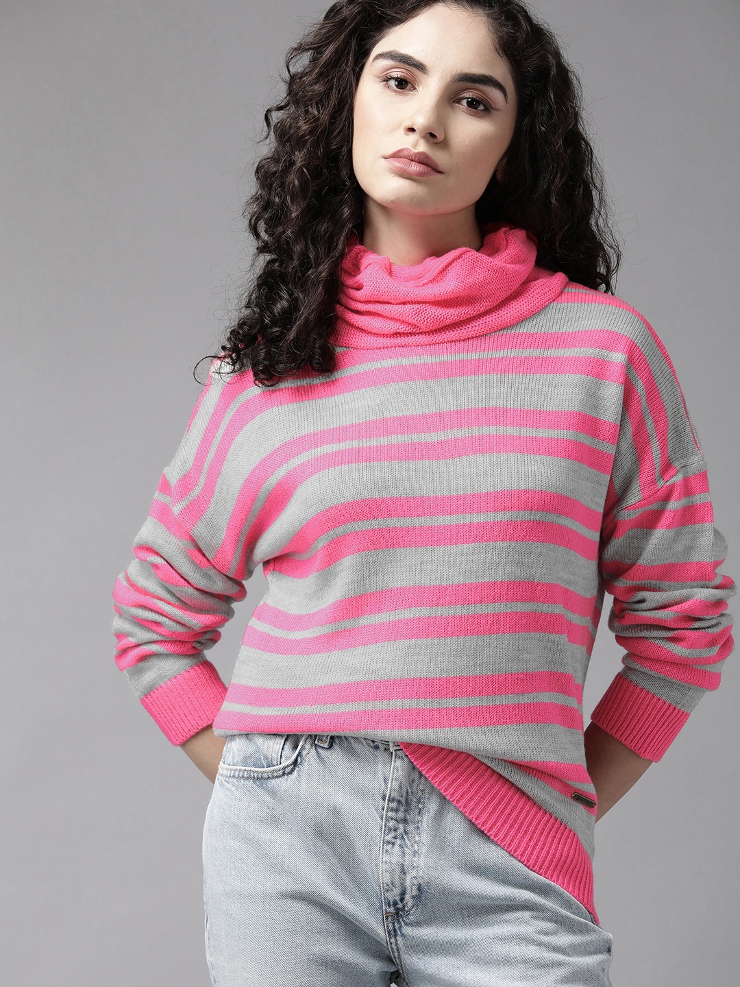 

The Roadster Lifestyle Co. Women Pink & Grey Striped Acrylic Sweater