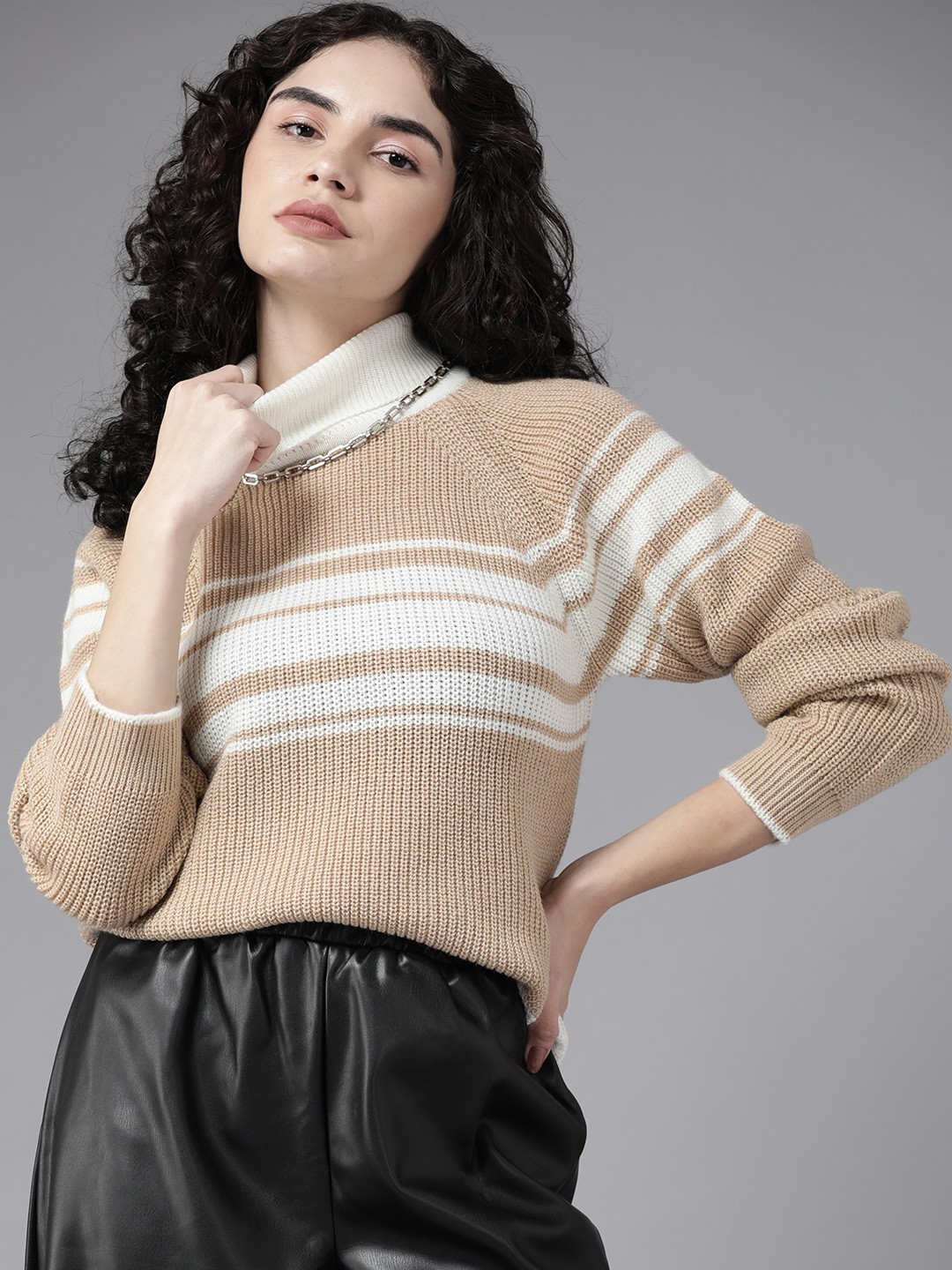 

Roadster Women Beige & White Striped Cable Knit Pullover