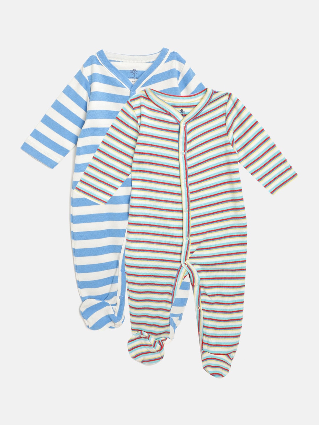 

candy cot Infant Kids Pack Of 2 Striped Organic cotton Sleepsuits, Blue