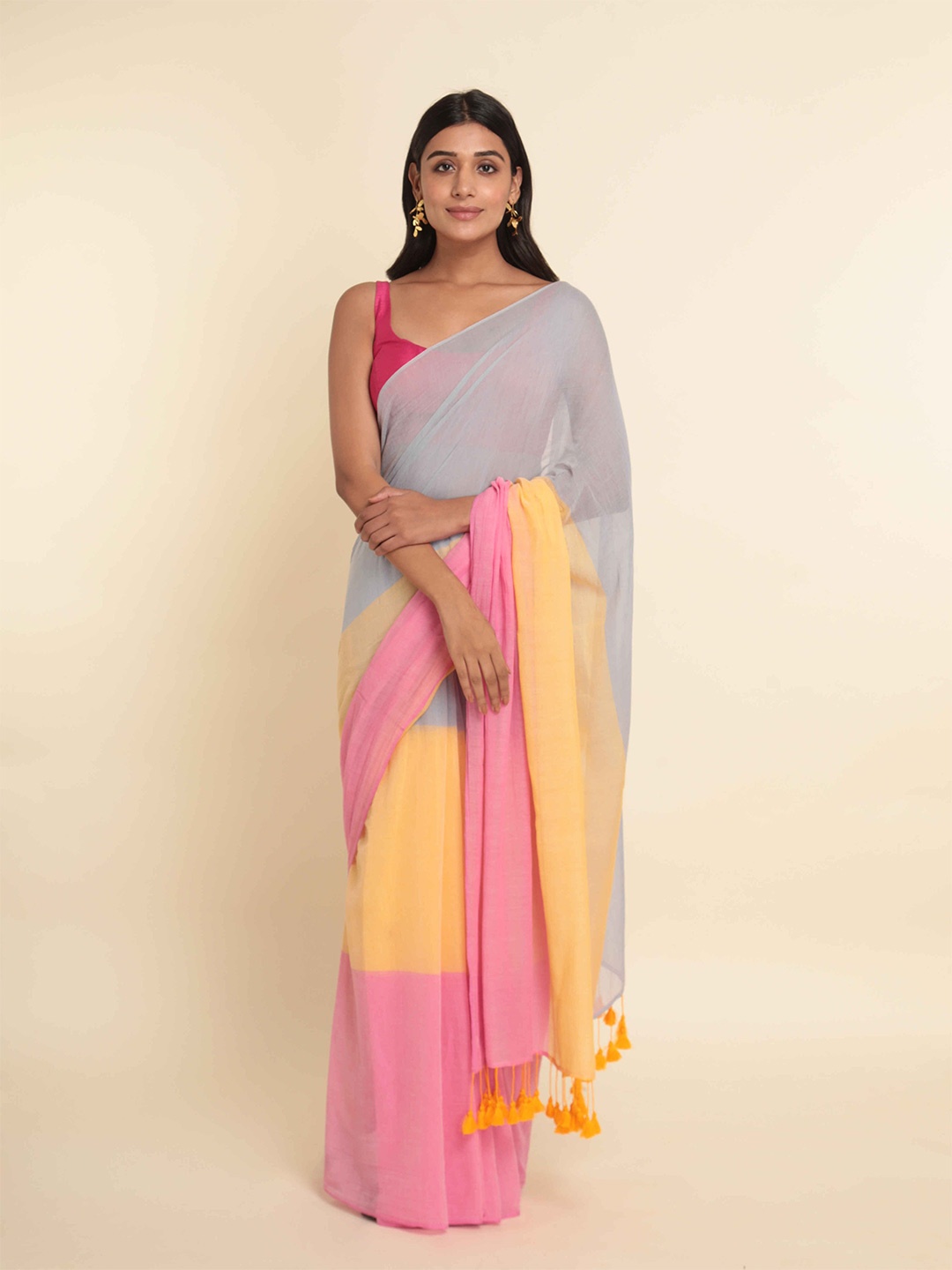 

Suta Yellow & Pink Colourblocked Pure Cotton Saree