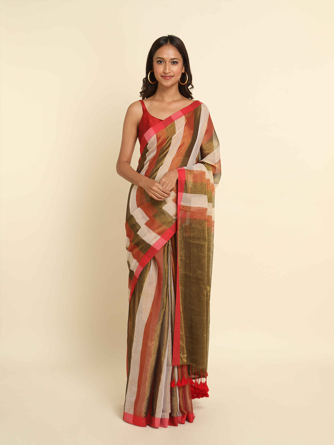 

Suta White & Red Striped Zari Saree